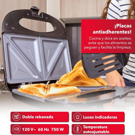 Sandwichera RCA RC-SW1 Eléctrica Placa Antiadherente Doble Rebanada Temperatura Ajustable