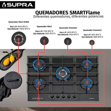 Parrilla de gas 5Q-PG-76 empotrable con 5 quemadores de cristal templado negro