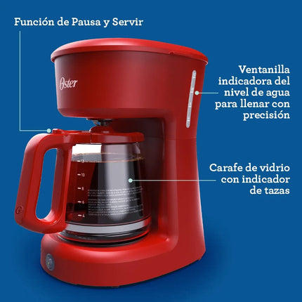 Cafetera Oster BVSTDCS12RN de 12 Tazas, con Filtro Permanente Rojo