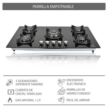 Parrilla de gas ONIX 90 empotrable con 5 quemadores de cristal templado negro