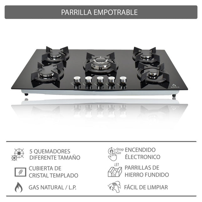 Parrilla de gas ONIX 90 empotrable con 5 quemadores de cristal templado negro