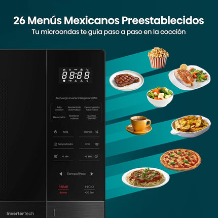 Horno Microondas Hisense HMMS3411DSV 1.4 Tecnología Inverter, 26menús mexicanos preestablecidos  ECO y Mute