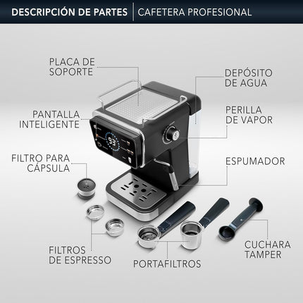 Cafetera RCA Profesional RC-CAF5, 2 en 1 para Café Molido y Cápsulas, Espumador 1.5L 5 Funciones