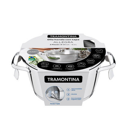 Cacerola Tramontina 62654/042 honda Allegra acero inoxidable con fondo triple y tapa de vidrio de 20 cm y 3,1 l