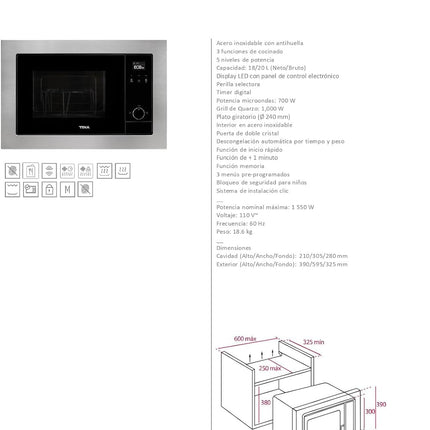Horno de Microondas TEKA MS 620 BIS 110V.Acero inoxidable con antihuella 18 L netos.Grill de quarzo