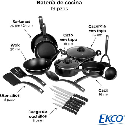 Bateria de Cocina Ekco 70001377 Serum 19 piezas Negro con Antiadherente