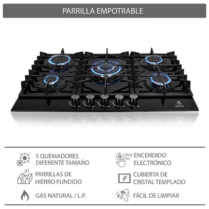 Parrilla Empotrable A Gas Supra SENZA 76 De Cristal 5 Quemadores 76CM