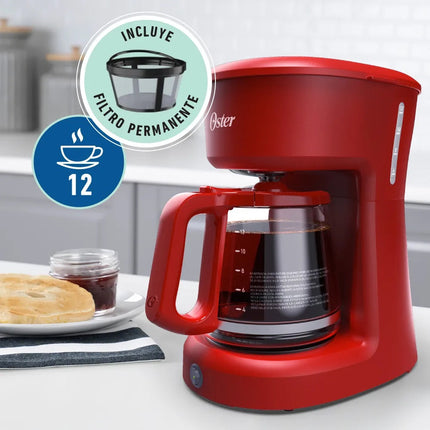 Cafetera Oster BVSTDCS12RN de 12 Tazas, con Filtro Permanente Rojo