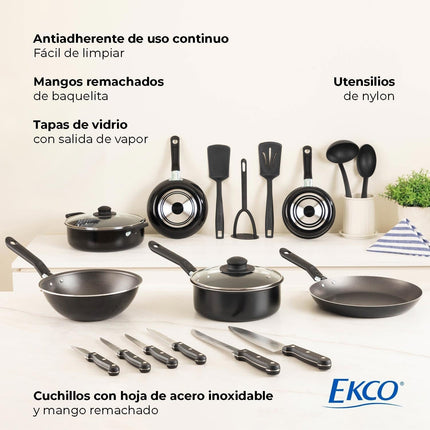 Bateria de Cocina Ekco 70001377 Serum 19 piezas Negro con Antiadherente