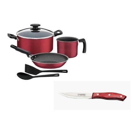 Paquete Bateria De Cocina Tramontina 27899099 Verona 6pzs Rojo + Cuchillo 21410075 Asado 5 Pulgadas Polywood