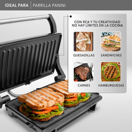 Parrilla Panini RCA RC-123G Press de 180° Negro y Acero Placas Antiadherentes
