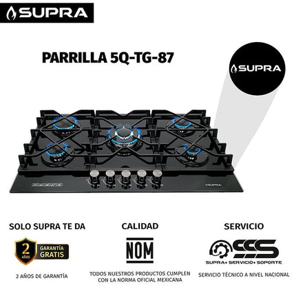 Parrilla de gas 5Q-TG-87 Empotrable 5 quemadores Cristal Templado Negro