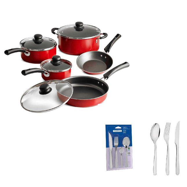 DUO Jgo de cubiertos Tramontina 66905/094 Havaí 24 piezas acero inox + Batería de Cocina 80112/646 Simple Cooking, 9 Pzs Rojo