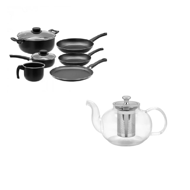 Paquete Batería Tramontina de Cocina 80112069 Lazio 8pz + Tetera 61764100 vidrio y acero inoxidable con infusor 1l