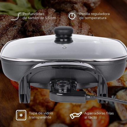 Sartén Eléctrico Daewoo DEP-3650 Antiadherente, tapa de vidrio transparente Negro