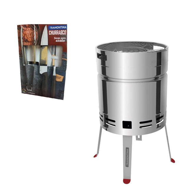 Paquete Juego para Asado Tramontina 32300312 Plenus 4 piezas + Asador al Carbón TCP 400 de Acero Inoxidable