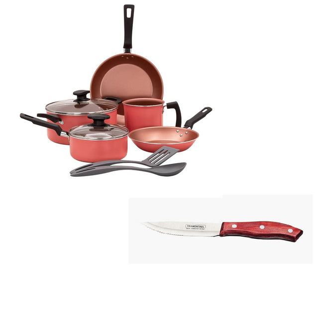 Bateria Tramontina 27899363 9 piezas Coral + Cuchillo 21410075 Asado 5 Pulgadas Polywood