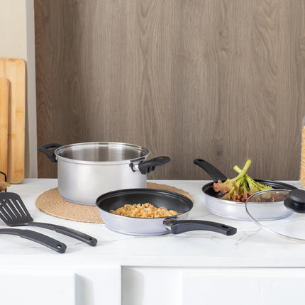 Combo Cocina Batería Tramontina 32208950 de 6 Piezas de Acero Inoxidable + Licuadora Oster BLSTKAGBPB Vaso de Vidrio Negra