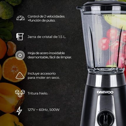 Combo Daewoo Licuadora DBL-851G con molinillo 1.5 lts 2 vel + Pulse rompehielos 500W Negra + Plancha de Vapor DSI-9202 Control de Temperatura 1100W + Hervidor eléctrico inalámbrico DEK-1289 de 1.7L de 1000W