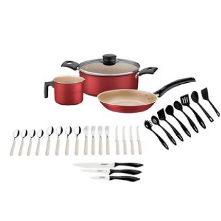 Combo Batería Tramontina 32200742 Turin Roja 31 piezas + Licuadora Oster BLSTKAG RPB Rojo 4 vel Vaso de vidrio