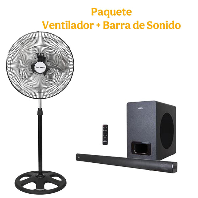 PAQUETE Barra De Sonido Fussion con Subwoofer SBAR-0005 30w + Ventilador Taurus Marte 3 en 1 Aspas Metalicas 18'' Oscilante