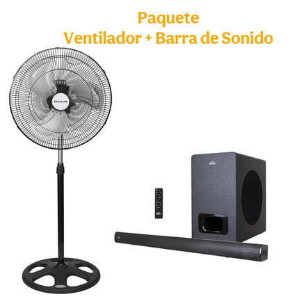 PAQUETE Barra De Sonido Fussion con Subwoofer SBAR-0005 30w + Ventilador Taurus Marte 3 en 1 Aspas Metalicas 18'' Oscilante