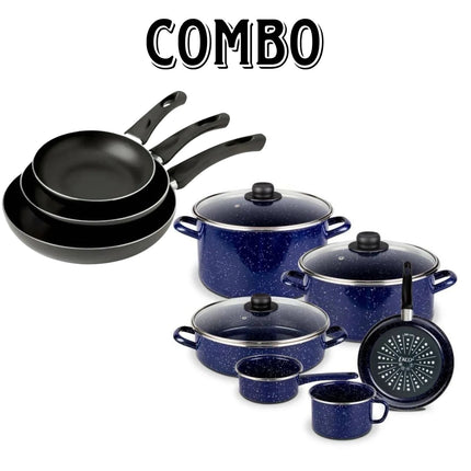 COMBO Batería Ekco 28824/92882 9 piezas Azul Marino + Juego de Sartenes T-Fal 125300 Inicia 20, 24, 30 cm