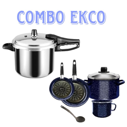 Combo EKCO Bateria Vasconia Jeans 45982 Azul 6 Pzs + Olla de presión Sazón de 7 Lts Aluminio