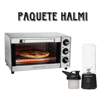 PAQUETE HAMILTON Horno Eléctrico Hamilton Beach 31401G 4 Rebanadas + Procesador de Alimentos Hamilton Beach 51180J Inalámbrica con Accesorios