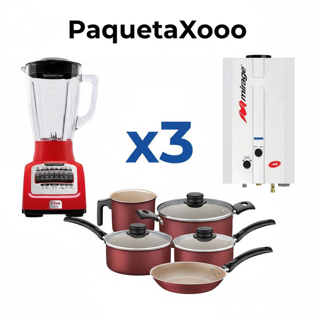 Paquetaxoo Calentador Mirage Flux 1 servicio de agua Gas LP + Bateria Tramontina Turim 5pz Rojo 20298761 + Licuadora T-Fal LN8225MX Infinyforce XL Vaso de Vidrio
