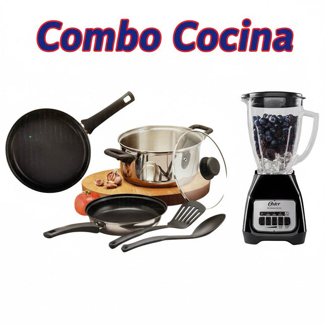 Combo Cocina Batería Tramontina 32208950 de 6 Piezas de Acero Inoxidable + Licuadora Oster BLSTKAGBPB Vaso de Vidrio Negra