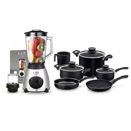 Paquete Cocina Licuadora LAR LARLB-0003 1.5L 300w de vidrio + Bateria Tramontina 28599053 Paris 9 Piezas Negra