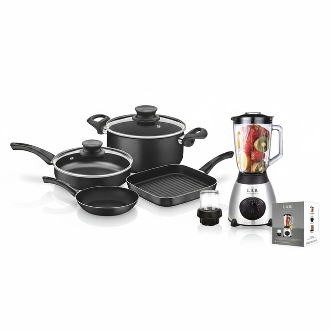 Paquete 2 Licuadora LAR LARLB-0003 1.5L 300w de vidrio + Bateria Tramontina 27899158 6 piezas con Sartén cuadrado
