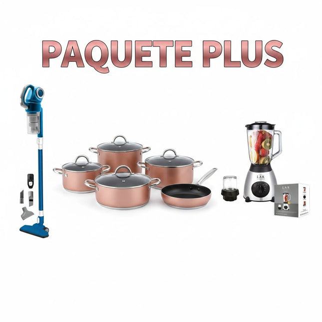 Paquete Plus Aspiradora Stick Vac Lyra SVM-157  + Batería Perla B012MA Maxima 10 pzas Acero Inox + Licuadora LAR LARLB-0003 1.5L 300w de vidrio