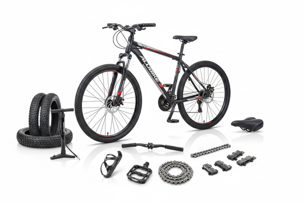 PONER UNA BICICLETA DE LA MARCA ALUBIKE DE MONTAÑA Y DIRENTENTES ACCESORIOS PARA BICI, COMO LLANTAS, BOMBA, MANUBRIOS, ETC..