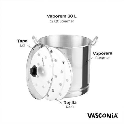 Vaporera de aluminio VAPORE 34VAS Vasconia 30L  Tapa de Vidrio